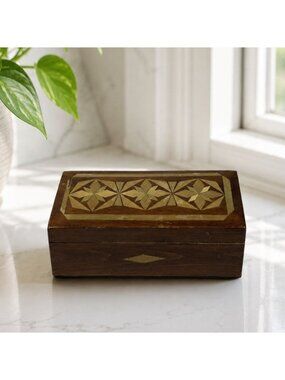 Vintage Inlaid Wood Trinket Box Geometric Marquetry Jewelry Keepsake Chest